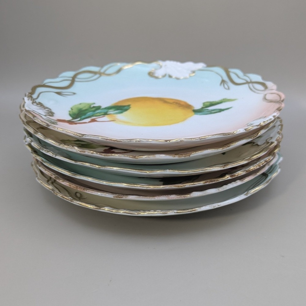 Antique Wheelock Vienna Austria Pomona Fruit Plates Set of 6 Gold Gilt Scalloped - Picture 10 of 13